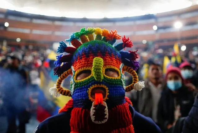 A demonstrator takes part in a cultural festival amid a stalemate between the government of President Guillermo Lasso and largely indigenous demonstrators who demand an end to emergency measures, at Ecuador's Culture House, in Quito, Ecuador on June 26, 2022. (Photo by Adriano Machado/Reuters)