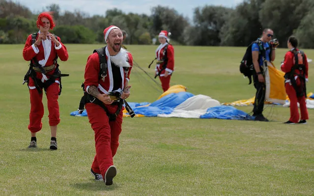 Skydivers dressed in Santa Claus outfits react after landing as 155 tandem skydivers set a new Guinness World Record number of jumps over eight hours, in the Australian city of Wollongong, December 17, 2016. (Photo by Jason Reed/Reuters)
