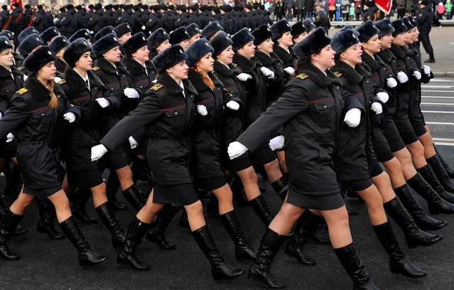 Policewomen march during a parade to mark the 100 th anniversary of the Belarusian police in Minsk on March 4, 2017. (Photo by Sergei Gapon/AFP Photo)
