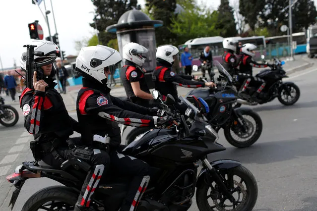 Turkish police ride motorcycles during the May Day in Istanbul, Turkey on May 1, 2017. (Photo by Murad Sezer/Reuters)