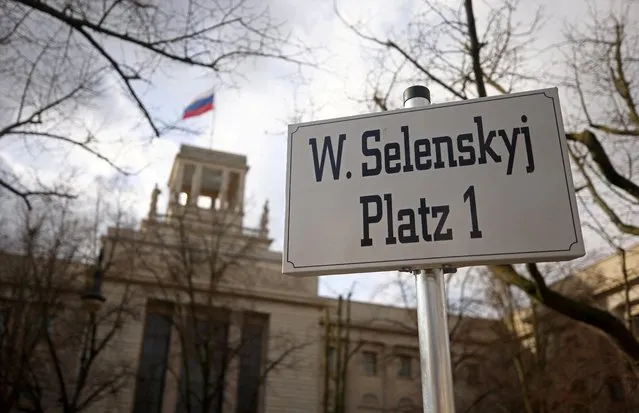 A sign with the name of Ukraine's President Volodymyr Zelenskiy is set up in front of the Russian embassy, as Russia's invasion of Ukraine continues, in Berlin, Germany, April 5, 2022. (Photo by Lisi Niesner/Reuters)