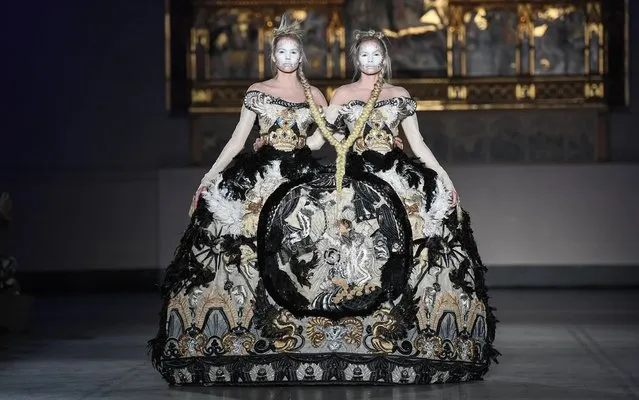 Models walk the runway during Guo Pei's first ever runway show in the UK, staged to celebrate the 20th anniversary of the V&amp;A's Fashion in Motion series on 01 November, 2019 in London, England. (Photo by James Veysey/Rex Features/Shutterstock)