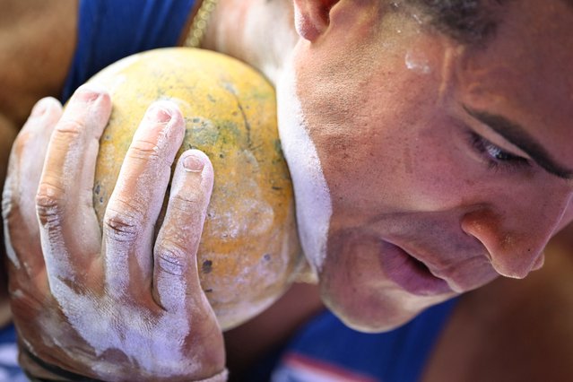 Puerto Rico's Ayden Owens-Delerme competes in the men's decathlon shot put of the athletics event at the Paris 2024 Olympic Games at Stade de France in Saint-Denis, north of Paris, on August 2, 2024. (Photo by Kirill Kudryavtsev/AFP Photo)