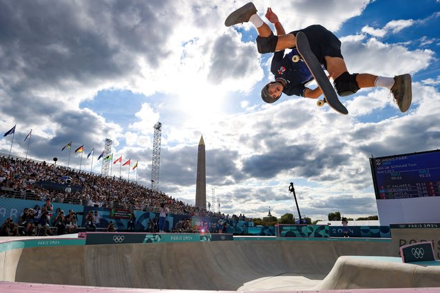 Tom Schaar competes in the men's park skateboarding final during the Paris 2024 Olympic Games at La Concorde in Paris on August 7, 2024. (Photo by Odd Andersen-Pool/Getty Images)