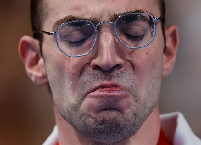 Gold medallist Ami Omer Dadaon of Israel celebrates after the final of the men's 100m freestyle S4 in Nanterre, France on August 30, 2024. (Photo by Andrew Couldridge/Reuters)