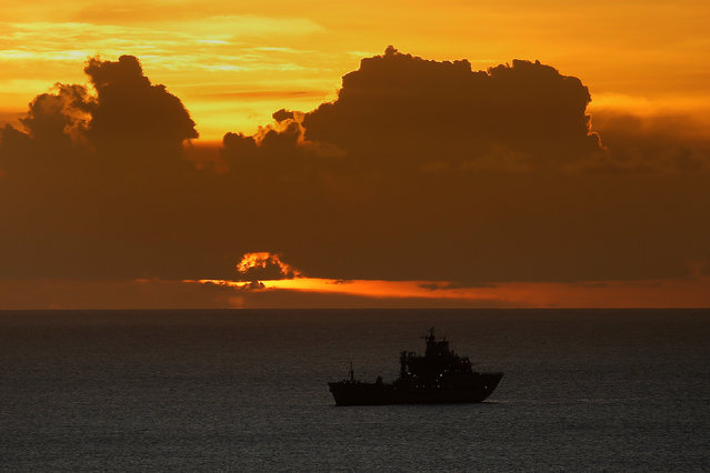 The RFA Wave Knight, where Prince Harry will be spending his nights while he visits Antigua, is pictured at sunset anchored in Antigua, November 20,  2016. (Photo by Carlo Allegri/Reuters)