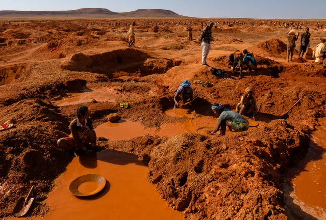 People hunt for sapphires in the red mud, taken in Ilakaka, Madagascar, July 2017. The discovery of pink sapphire in the early 90s transformed this desolate village into a bustling mining hub overnight. Thousands of people travelled to the little village of Ilakaka, South of Madagascar seeking their fortune. The population grew from 85 to around 100,000 inhabitants. Sapphires of high quality were found in alluvial deposits, which means that to extract gems there was no need for industrial operations, as they were easily accessible to anyone willing to dig with picks and shovels. (Photo by Massimo Rumi/Barcroft Images)
