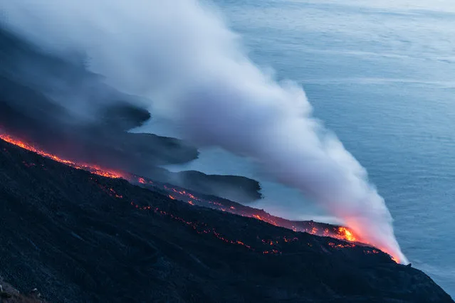 Hot lava trickles down from the Stromboli volcano on August 9, 2014 in Aeolian Islands, Italy. Lava flows down the Mount Stromboli off the Sicilian coast in southern Italy. The volcano – at 3,034ft – is one of the most active in Europe and has been erupting continuously since 1932. (Photo by Tom Pfeiffer/Barcroft Media)