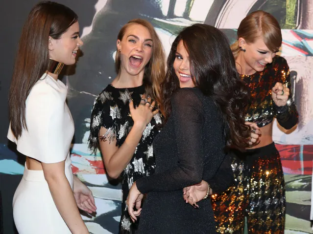 Hailee Steinfeld, from left, Cara Delevingne, Selena Gomez and Taylor Swift arrive at the MTV Video Music Awards at the Microsoft Theater on Sunday, August 30, 2015, in Los Angeles. (Photo by Matt Sayles/Invision/AP Photo)