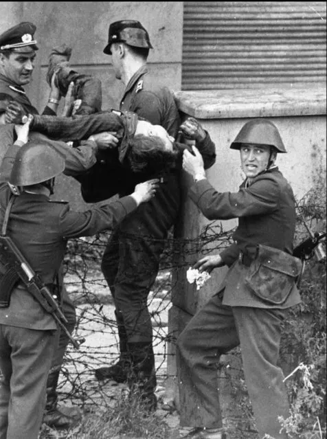 August 17, 1962 photo shows dying Peter Fechter carried away by East German border guards who shot him down when he tried to flee to the west. Two former border guards are now facing charges with joint manslaughter. Fechter was lying 50 minutes in no-man's land before he was taken to a hospital where he died shortly after arrival. Documents found in the files of the former secret police now helped to track down the men who allegedly shot Fechter. (Photo by AP Photo)