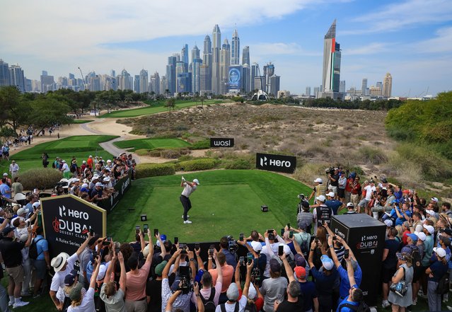 Rory McIlroy of Northern Ireland tees off on the eighth hole on day one of the Hero Dubai Desert Classic at Emirates Golf Club on January 16, 2025 in Dubai, United Arab Emirates. (Photo by David Cannon/Getty Images)