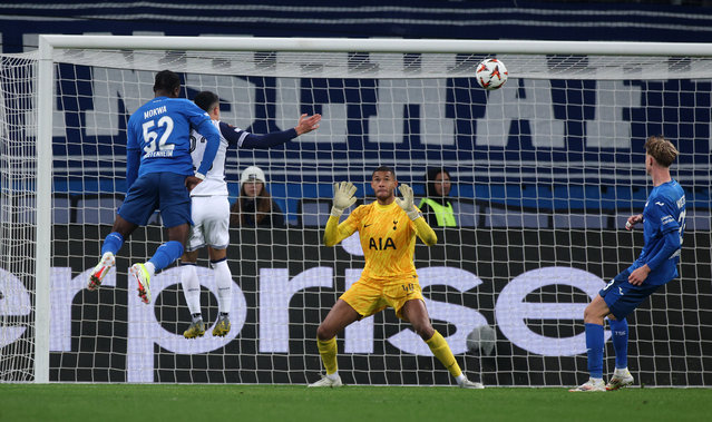 Brandon Austin of Tottenham Hotspur fails to stop David Mokwa of TSG 1899 Hoffenheim from scoring his team's second goal during the UEFA Europa League 2024/25 League Phase MD7 match between TSG 1899 Hoffenheim and Tottenham Hotspur at Rhein-Neckar-Arena on January 23, 2025 in Sinsheim, Germany. (Photo by Alex Grimm/Getty Images)