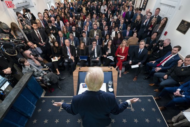 President Donald Trump speaks with reporters in the James Brady Press Briefing Room at the White House, Thursday, January 30, 2025, in Washington. (Photo by Alex Brandon/AP Photo)