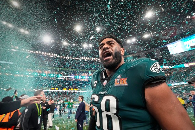 Philadelphia Eagles tackle Jordan Mailata celebrates after defeating the Kansas City Chiefs in the NFL Super Bowl 59 football game, Sunday, February 9, 2025, in New Orleans. (Photo by Doug Benc/AP Photo)