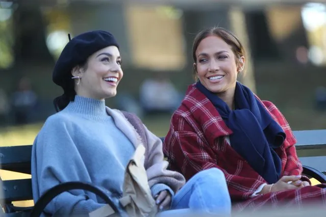 Jennifer Lopez and Vanessa Hudgens filming on the set of Second Act in Queens. New York, NY on Saturday October 28, 2017. (Photo by Eric Kowalsky/PacificCoastNews)