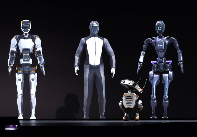 A robot appears on stage as Nvidia CEO Jensen Huang delivers a keynote address during the Nvidia GTC Artificial Intelligence Conference at SAP Center on March 18, 2024 in San Jose, California. The developer conference is expected to highlight new chip, software, and AI processor technology. (Photo by Justin Sullivan/Getty Images)