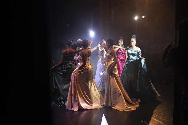 Candidates dance on the stage during the Miss Ivory Coast France beauty contest in Paris, on May 8, 2024. (Photo by Olympia de Maismont/AFP Photo)