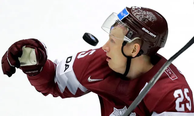 Andris Dzerins of Latvia in action during the 2018 IIHF Ice Hockey World Championship Group B game between Latvia and Germany at Jyske Bank Boxen on May 12, 2018 in Herning, Denmark. (Photo by David W. Cerny/Reuters)
