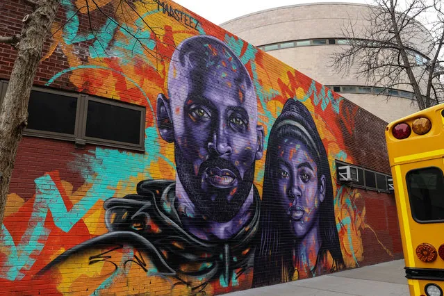 A view of a mural of Kobe Bryant and his daughter Gianna Bryant by artist Mark Paul Deren, aka MADSTEEZ, in Manhattan’s Chinatown on January 26, 2021 in New York City. Today marks the one year anniversary of the tragic helicopter crash which led to the death of nine people, including Bryant and his daughter Gianna. (Photo by Dia Dipasupil/Getty Images)