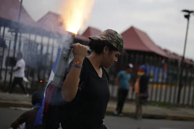 A woman fires a projectile with a homemade mortar during a demonstration in Managua, Nicaragua, 20 June 2018. A group of anti-Daniel Ortega university students, accompanied by graduates of the National University of Nicaragua (UNAN), gathered on 20 June at the university rotunda in Managua, calling for a “a free Nicaragua”. (Photo by Rodrigo Sura/EPA/EFE)