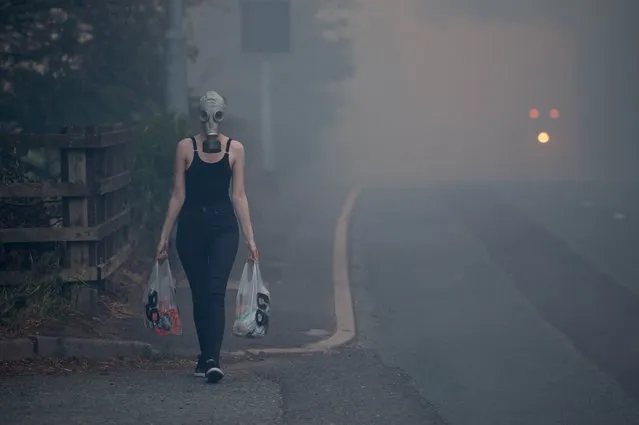 A lady wearing a Gas mask on the way back from the shops. A large cloud of smoke covers the village of Mossley as a large wildfire sweeps across the moors between Dovestones and Buckton Vale in Stalybridge, Greater Manchester on June 26, 2018 in Stalybridge, England. (Photo by Allan Bentley/Cavendish Press)