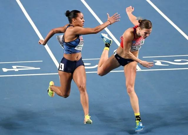 France's Orlann Ombissa-Dzangue and Czech Republic's Marcela Pirkova compete during a women's 60m heat at the 2021 European Athletics Indoor Championships in Torun on March 7, 2021. (Photo by Sergei Gapon/AFP Photo/Profimedia)