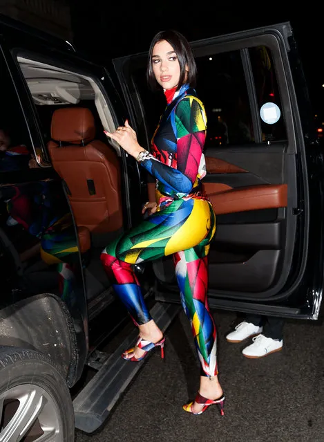 Dua Lipa wears the same Versace bodysuit that Gigi Hadid wore at the 2018 CFDA awards when out and about for dinner on July 27, 2018 in New York City. (Photo by Gotham/GC Images)