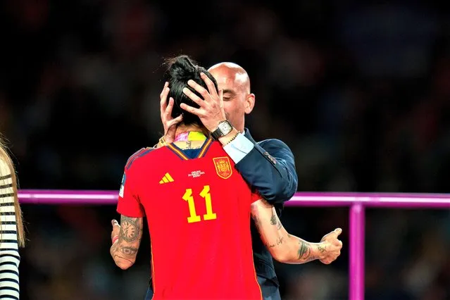 Luis Rubiales, the president of Spain’s football federation, kisses Jenni Hermoso on the lips in Sydney, Australia on August 20, 2023, after Spain defeated England 1-0 to win the Women’s World Cup in Sydney. Rubiales hit out at “false feminism” and a “social assassination” of his character as he vowed to stay on as head of Spain’s football federation amid fierce criticism and a Fifa investigation. (Photo by Noe Llamas/SPP/Rex Features/Shutterstock)