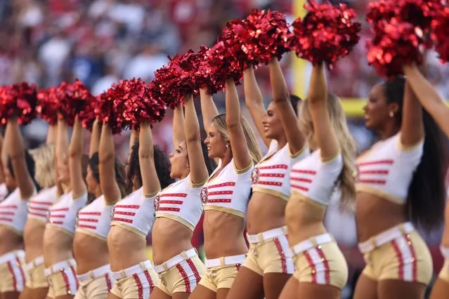 San Francisco 49ers cheerleaders perform on the field prior to a game against the Dallas Cowboys at Levi's Stadium on October 08, 2023 in Santa Clara, California. (Photo by Ezra Shaw/Getty Images)