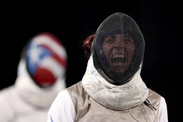 Arantaza Antonioa Inostroza of Team Chile reacts after beating Gabriela Del Carmen Padua of Team Puerto Rico in Women's Foil Individual Fencing at Aquatics Center of Centro Deportivo Paralimpico on Day 10 of Santiago 2023 Pan Am Games on October 30, 2023 in Santiago, Chile. (Photo by Ezra Shaw/Getty Images)