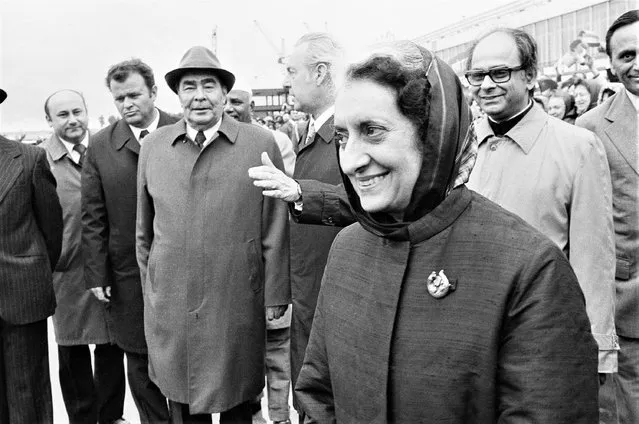 India's Prime Minister Indira Gandhi arrives in Moscow on June 8, 1976, on her first official trip abroad since she declared a national emergency in India almost a year ago. Soviet leader Leonid Brezhnev, left, greeted her at the airport with other top-level officials who are unidentified. India considers Russia a time-tested ally from the Cold War era with key cooperation in defense, oil, nuclear energy and space exploration. But that partnership has become fraught since Moscow started developing closer ties with India’s main rival, China, because of the war against Ukraine. (Photo by Boris Yurchenko/AP Photo)