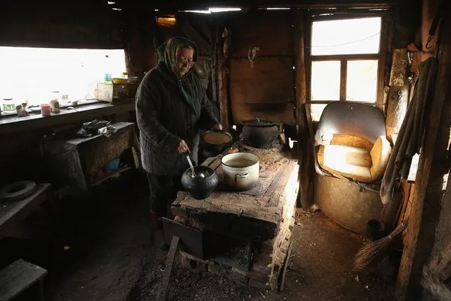 Lyuba Galushka, 70, stirs soup in her home, April 6, 2016, in Bartolomeyevka, Belarus. Galushka is one of four residents still living in Bartolomeyevka after authorities declared the village contaminated by the accident at the Chernobyl power plant. (Photo by Sean Gallup/Getty Images)