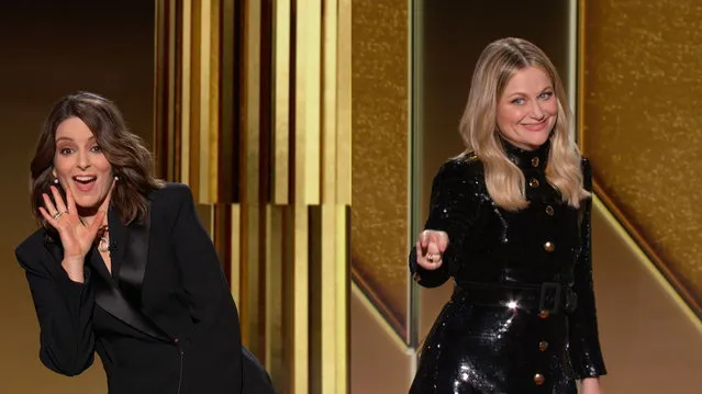 Pictured in this screengrab released on February 28, Co-hosts Tina Fey (L) and Amy Poehler speak onstage at the 78th Annual Golden Globe Awards broadcast on February 28, 2021. (Photo by ZUMA Wire/Rex Features/Shutterstock)