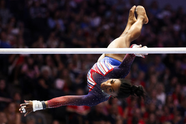 Simone Biles competes on the uneven bars during the US Olympic team gymnastics trials at the Target Centre in Minneapolis, Minnesota on June 30, 2024. (Photo by Matt Krohn/USA Today Sports)