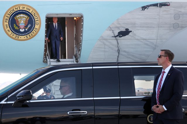 U.S. President Joe Biden exits Air Force One at Harry Reid International Airport in Las Vegas, Nevada on July 16, 2024. (Photo by Tom Brenner/Reuters)