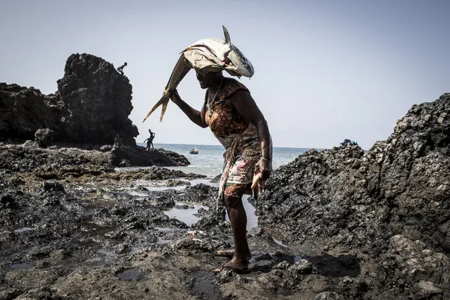 A woman carries a fish on her head after cleaning and gutting it in a small fishing village on October 8, 2019 in Porto Mosquito, Cape Verde. (Photo by John Wessels/AFP Photo)