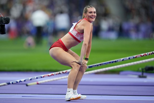 Alysha Newman of Team Canada celebrates a jump during the Women's Pole Vault Final on day twelve of the Olympic Games Paris 2024 at Stade de France on August 7, 2024 in Paris, France. (Photo by Daniela Porcelli/Eurasia Sport Images/Getty Images)