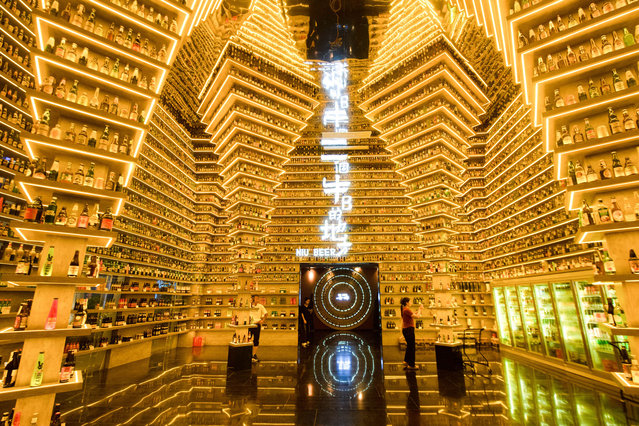 Visitors explore a beer museum on September 1, 2024 in Nanjing, Jiangsu Province of China. The museum features over 1,000 different beers from around the world, displayed on a distinctive beer wall that is simple, casual, stylish, and colorful. (Photo by Yang Suping/VCG via Getty Images)