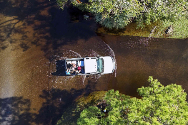 Two couples who evacuated get a ride back to their home through flooding after Hurricane Milton hit the region, Thursday, October 10, 2024, in Palm Harbor, Fla. (Photo by Mike Carlson/AP Photo)