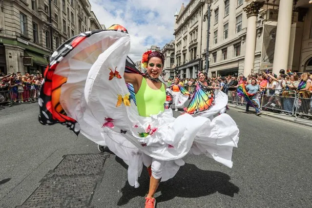 Members of the Lesbian, Gay, Bisexual and Transgender (LGBT+) community take part in the annual Pride Parade in the streets of Soho in London on July 2, 2022. The route of the parade encompasses key landmarks of the UK's LGBT+ movement; it kicks off at Hyde Park, where the first post-march picnic took place, and where mining communities showed solidarity with the LGBT+ community in 1985. (Photo by Paul Quezada-Neiman/Alamy Live News)