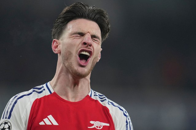 Arsenal's Declan Rice reacts after a missed chance during the Champions League soccer match between Arsenal and Dinamo Zagreb at the Emirates stadium in London, Wednesday, January 22, 2025. (Photo by Kin Cheung/AP Photo)