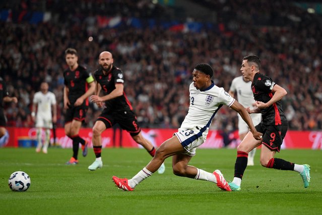 Myles Lewis-Skelly of England scores his team's first goal during the FIFA World Cup 2026 European Qualifier between England and Albania at Wembley Stadium on March 21, 2025 in London, England. (Photo by Justin Setterfield – The FA/The FA via Getty Images)