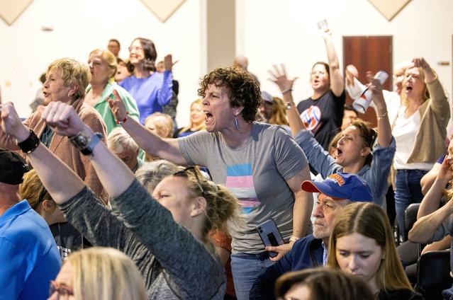 Angry constituents express themselves during a townhall hosted by Ukrainian-born Republican U.S. Representative for Indiana's 5th District Victoria Spartz, in the Indianapolis suburb of Westfield, Indiana, U.S. March 28, 2025. (Photo by Chris Bergin/Reuters)