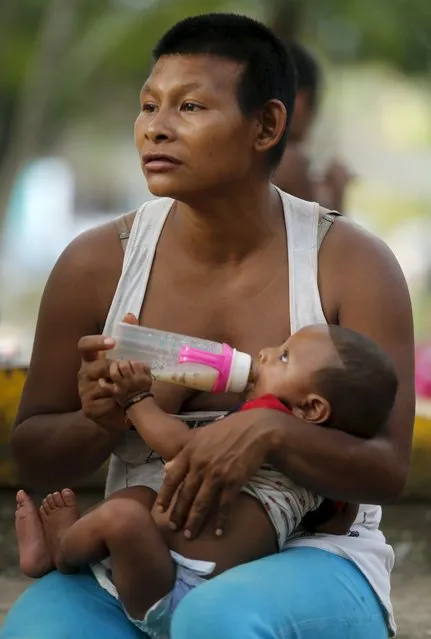 A Colombian Nukak Maku Indian woman feeds her baby on a street in San Jose del Guaviare of Guaviare province September 4, 2015. (Photo by John Vizcaino/Reuters)