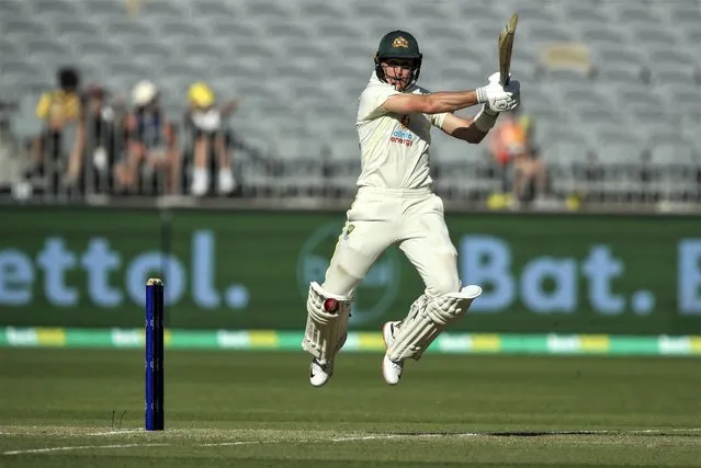 Australia's Marnus Labuschagne bats during play on the first day of the first cricket test between Australia and the West Indies in Perth, Australia, Wednesday, November 30, 2022. (Photo by Gary Day/AP Photo)