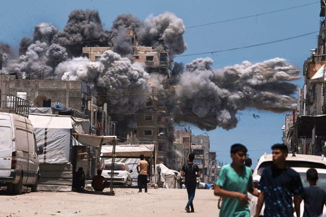 Smoke rises to the sky following an Israeli strike in Gaza City, Sunday, June 1, 2025. (Photo by Jehad Alshrafi/AP Photo)