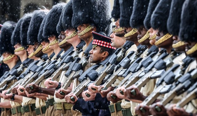 A warrant officer of the Scots Guards as they join the Grenadier Guards and Coldstream Guards on September 12, 2025 to rehearse the ceremonial welcome for the state visit of President Trump. (Photo by Richard Pohle/The Times)