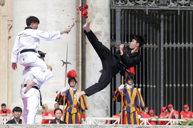 Taekwondo athletes from Korea perform for Pope Francis during the Wednesday general audience in Saint Peter's square at the Vatican Wednesday, May 30, 2018. (Photo by Max Rossi/Reuters)