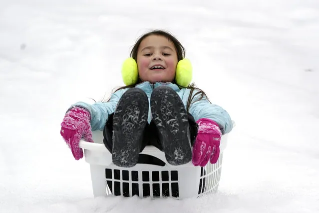 Peyton McKinney uses a laundry basket for a sled Monday, February 15, 2021, in Nolensville, Tenn. Much of Tennessee was hit with a winter storm that brought freezing rain, snow, sleet and freezing temperatures. (Photo by Mark Humphrey/AP Photo)