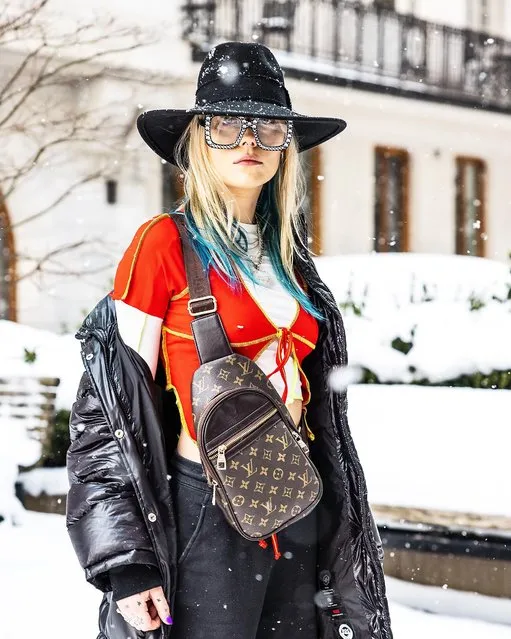 Swedish singer Vera HotSauce, 20, wearing vintage Levis poses for a picture outside of Hotel Diplomat on the first day of Stockholm Fashion Week Autumn/Winter 2021 on February 9, 2021 in Stockholm, Sweden, where it was minus 7C. (Photo by Michael Campanella/Getty Images)